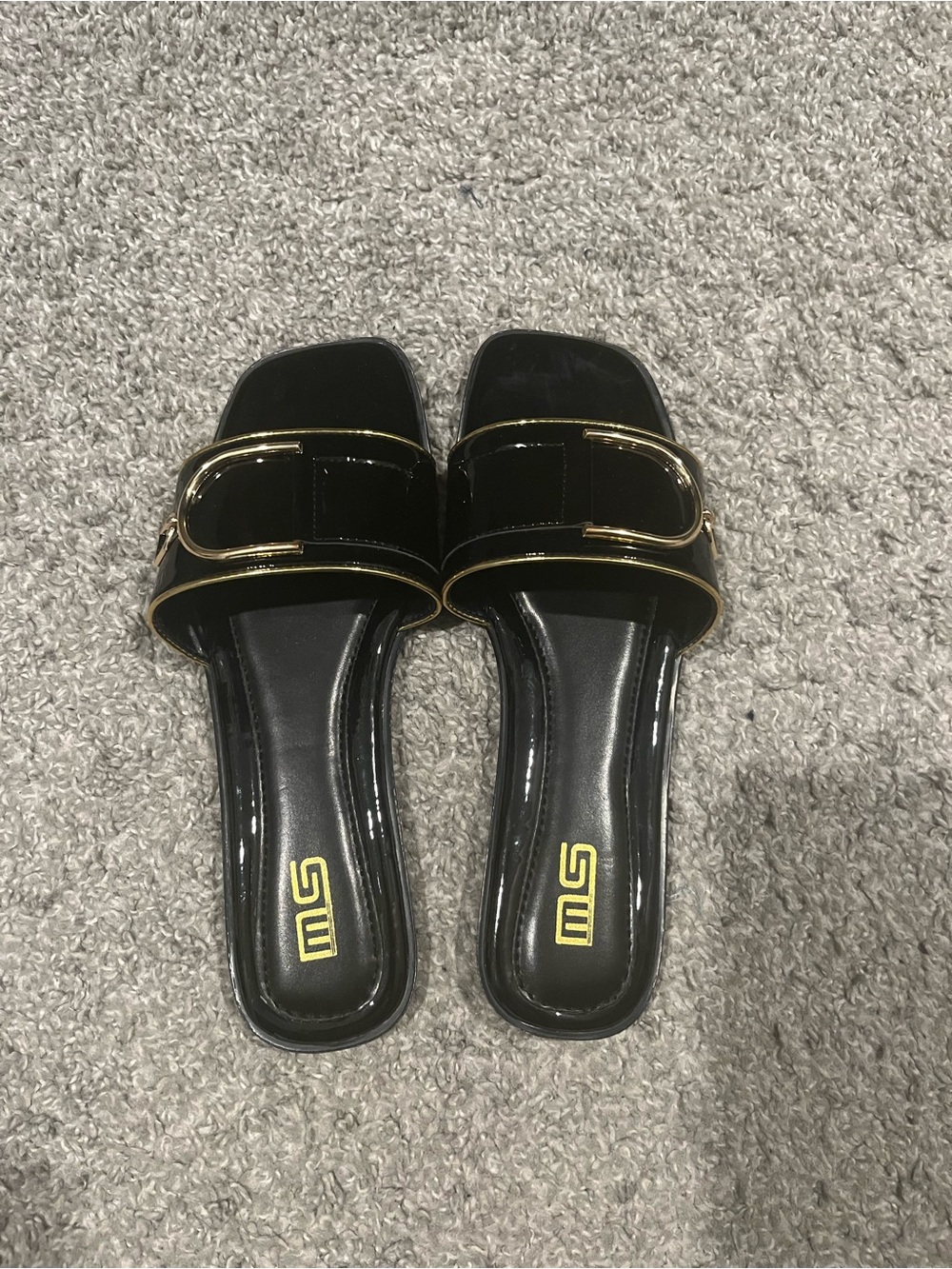 Black Slide Mules with Gold Buckle Accent